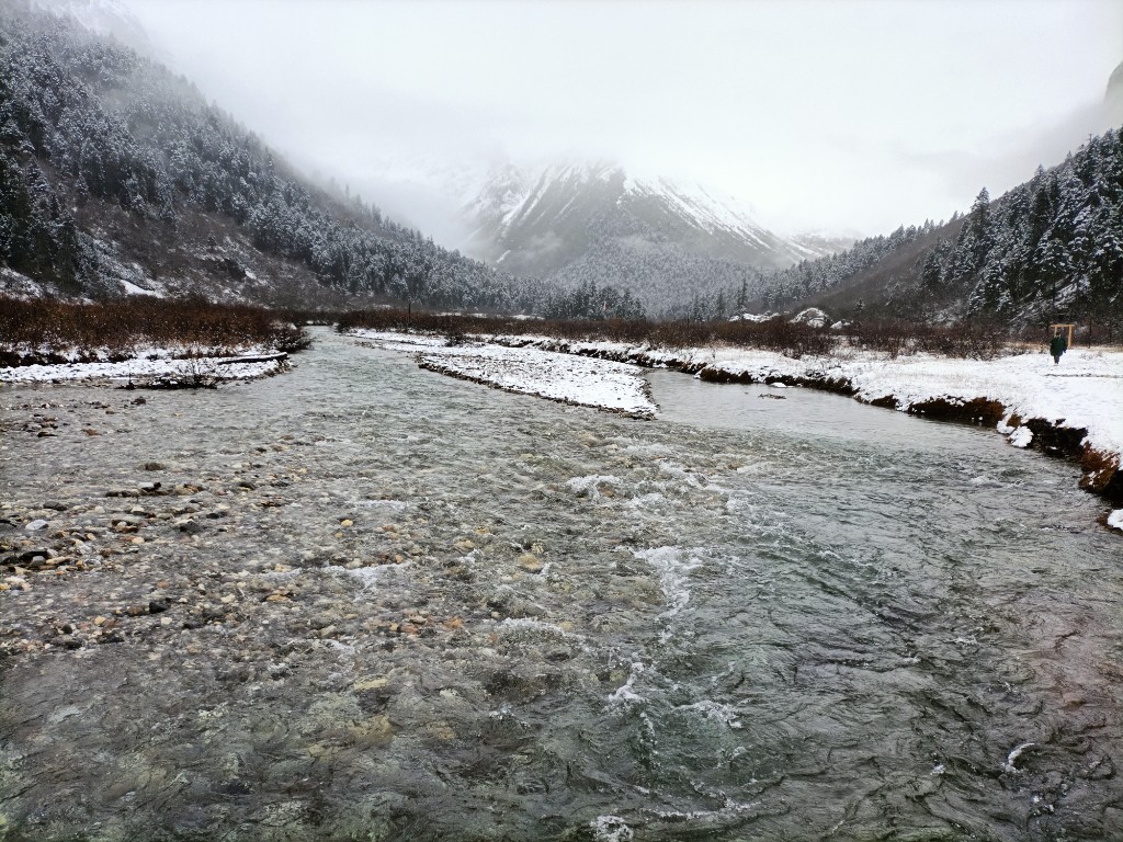 Snowy river landscape during winter trek